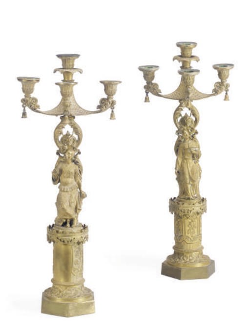 A PAIR OF CHARLES X GILT-BRONZE CHINOISERIE FOUR-LIGHT CANDELABRA,