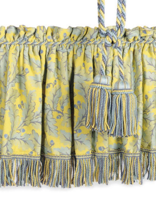 A GROUP OF VARIOUS BLUE AND YELLOW STRIPED AND FLORAL PATTERNED CURTAINS,