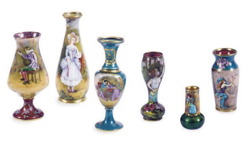 A GROUP OF SIX FRENCH ENAMEL MINIATURE VASES,