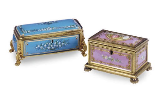 TWO FRENCH GILT-BRONZE AND JEWELED ENAMEL BIJOUTERIE BOXES,