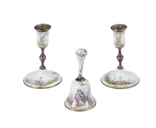 A PAIR OF VIENNESE ENAMEL CANDLESTICKS,