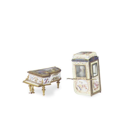 A VIENNESE ENAMEL MINIATURE GRAND PIANO AND SEDAN CHAIR 	 (2)