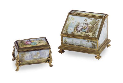 TWO CONTINENTAL GILT-BRONZE AND ENAMEL BIJOUTERIE BOXES,