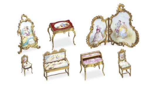 A GROUP OF VIENNESE GILT-METAL AND ENAMEL MINIATURE FURNITURE,