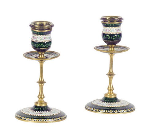 A PAIR OF FRENCH ENAMEL CANDLESTICKS,