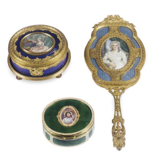 A GROUP OF THREE FRENCH ENAMEL AND ORMOLU TABLE ARTICLES,