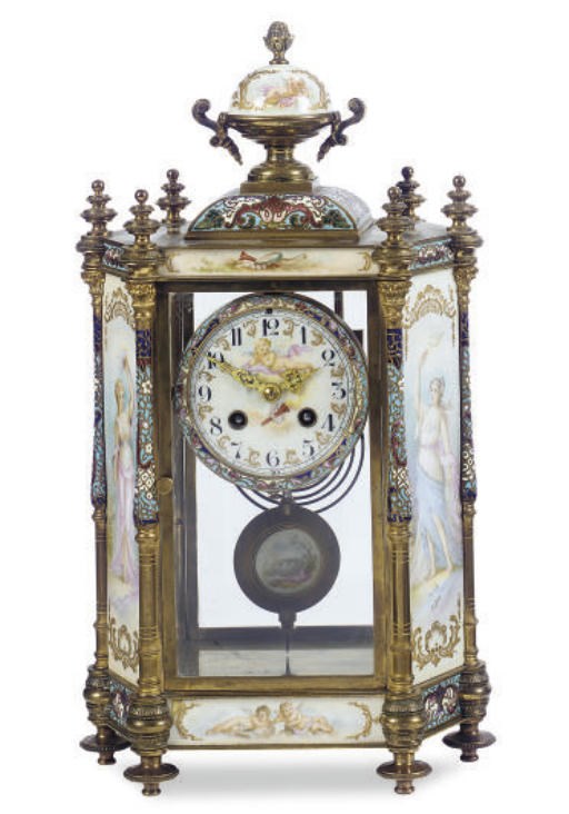 A GILT-BRONZE MOUNTED PORCELAIN AND CHAMPLEVE ENAMEL MANTLE CLOCK,