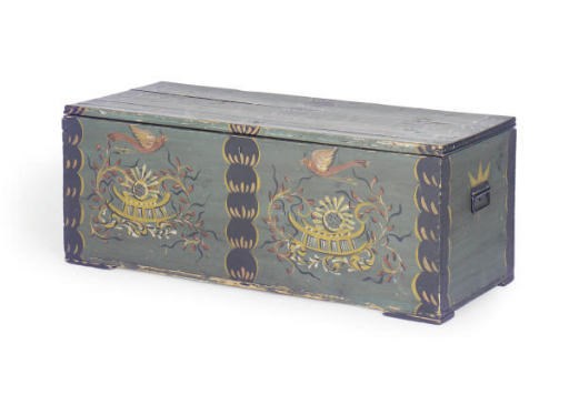 A CONTINENTAL POLYCHROME PAINTED PINE BLANKET CHEST,