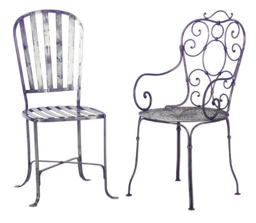 A PAIR OF FRENCH STEEL ARMCHAIRS TOGETHER WITH FOUR SIDE CHAIRS,