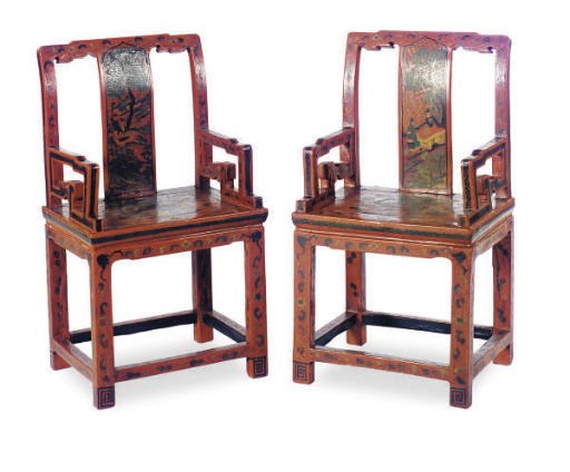 A PAIR OF CHINESE RED-LACQUER ARMCHAIRS,