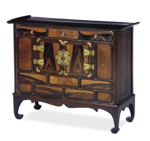 A KOREAN BRASS-MOUNTED PERSIMMON AND SOFTWOOD CABINET,
