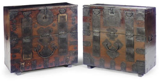 A PAIR OF KOREAN METAL MOUNTED SOFTWOOD CHESTS,