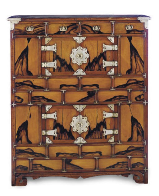 A KOREAN METAL-MOUNTED PERSIMMON CABINET,