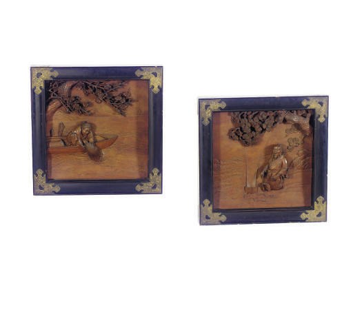 THREE JAPANESE FRAMED HARDWOOD FIGURAL WALL HANGINGS,
