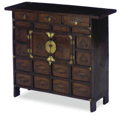 A KOREAN BRASS MOUNTED SOFTWOOD CABINET,