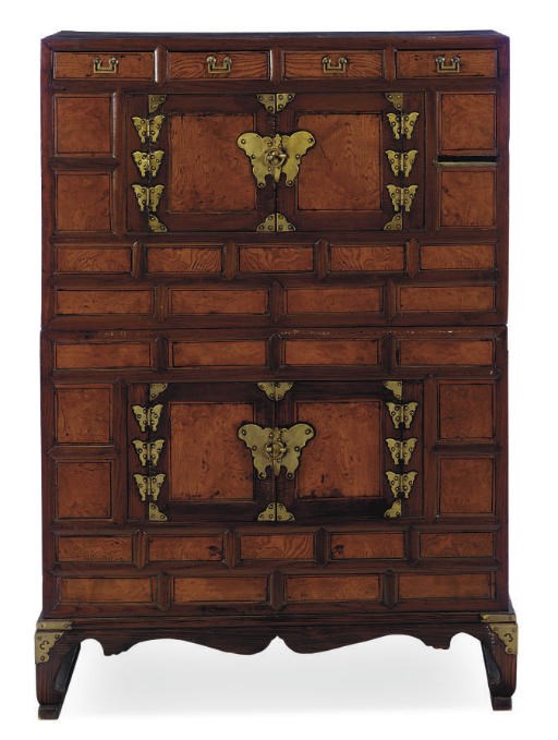 A KOREAN SOFTWOOD CABINET-ON-STAND,