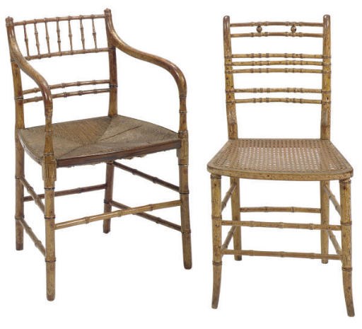 AN ASSEMBLED SET OF THIRTEEN ENGLISH FAUX-BAMBOO AND DECORATED DINING CHAIRS,