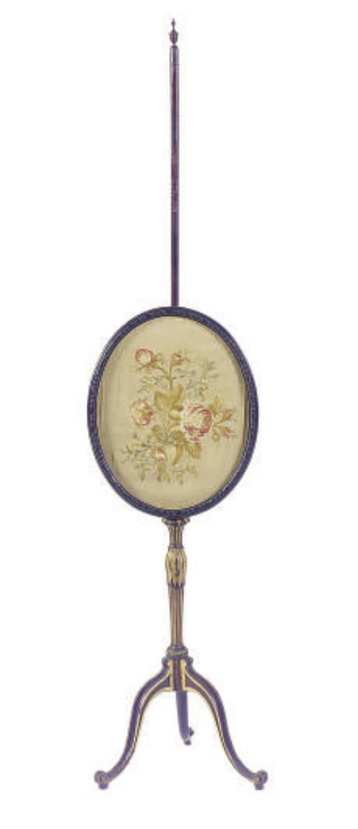 A GEORGE III SILK-EMBROIDERED AND PARCEL-GILT MAHOGANY POLE SCREEN,