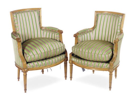 TWO SIMILAR LOUIS XVI BEECHWOOD AND UPHOLSTERED BERGERES,