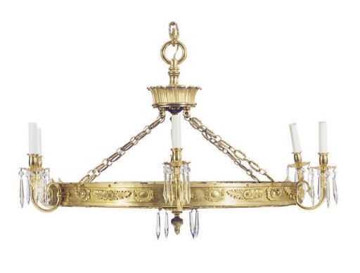 A BALTIC-STYLE GILT BRONZE AND COBALT GLASS SIX-LIGHT CHANDELIER,