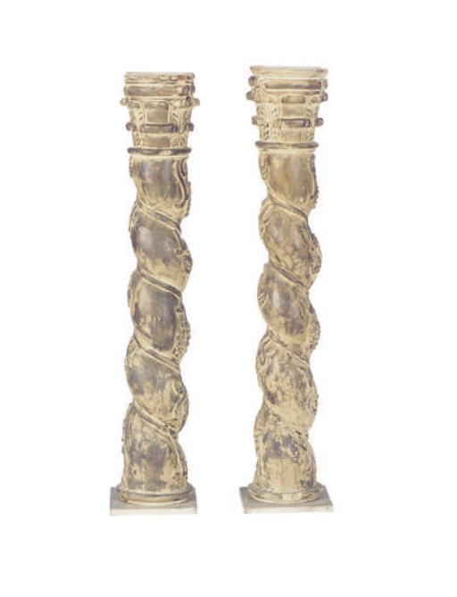 A PAIR OF ITALIAN RENAISSANCE STYLE CARVED AND  CREAM PAINTED SOLOMONIC COLUMNS,