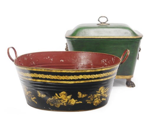THREE POLYCHROME-DECORATED TOLE-PEINTE BUCKETS,