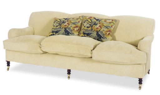 A BEIGE VELORE TWILL UPHOLSTERED SOFA,