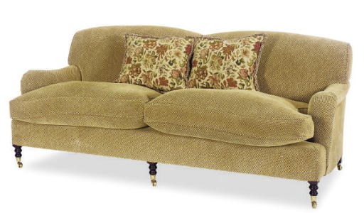 A TAN VELORE TWILL UPHOLSTERED TWO-SEAT SOFA,