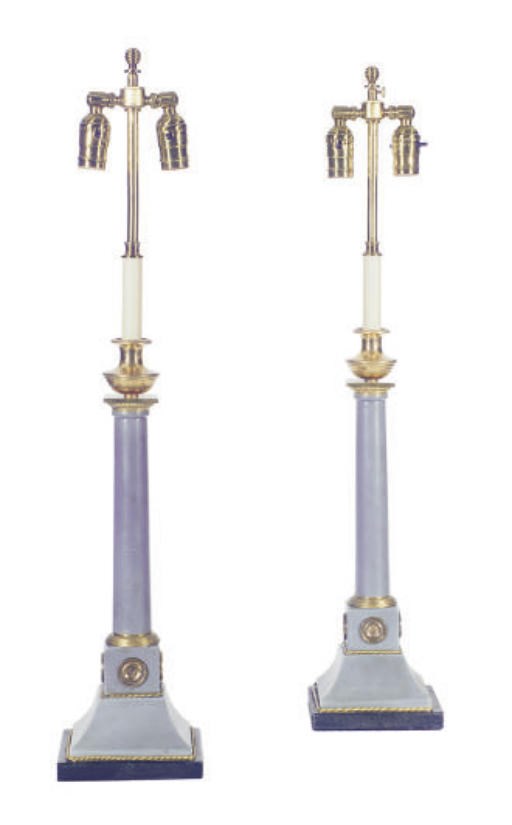 A PAIR OF FRENCH ORMOLU-MOUNTED BLEU TURQUIN MARBLE CANDLESTICKS MOUNTED AS LAMPS,