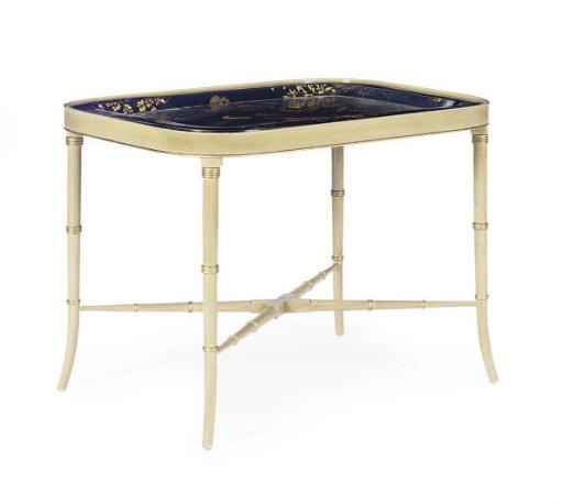 A VICTORIAN JAPPANED PAPIER MACHE TRAY ON LATER STAND,