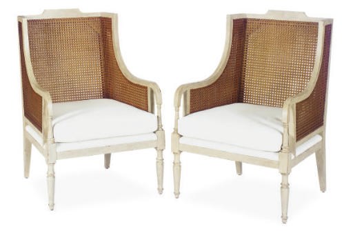 A PAIR OF PAINTED AND CANED BERGERES,