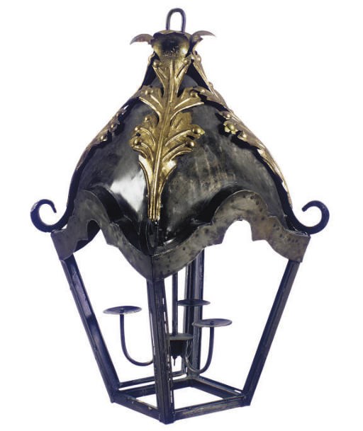 A PAIR OF PATINATED-METAL AND PARCEL-GILT HANGING LANTERNS,