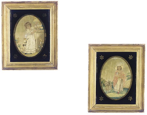 TWO FRAMED REGENCY SILK PICTORIAL NEEDLEPOINTS,