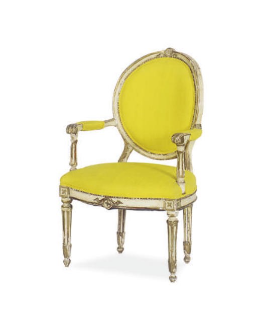 AN ITALIAN PAINTED AND PARCEL-GILT ARMCHAIR,