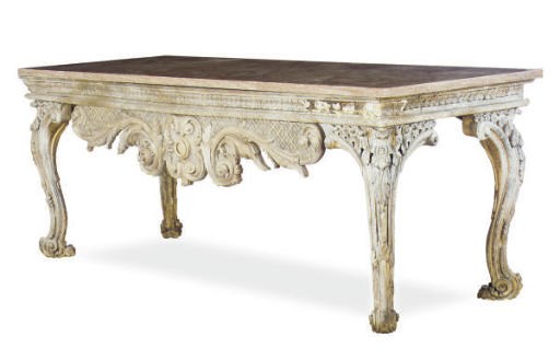 AN ENGLISH PAINTED, PARCEL-GILT AND MARBLE TOP SIDE TABLE,