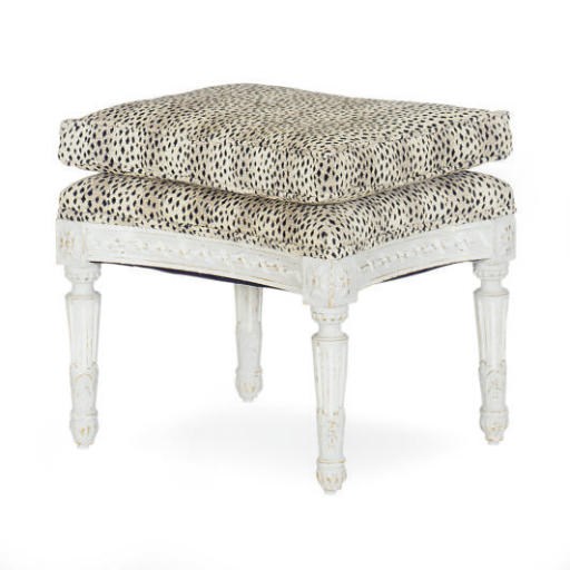 A GREY-PAINTED AND UPHOLSTERED FOOT STOOL,