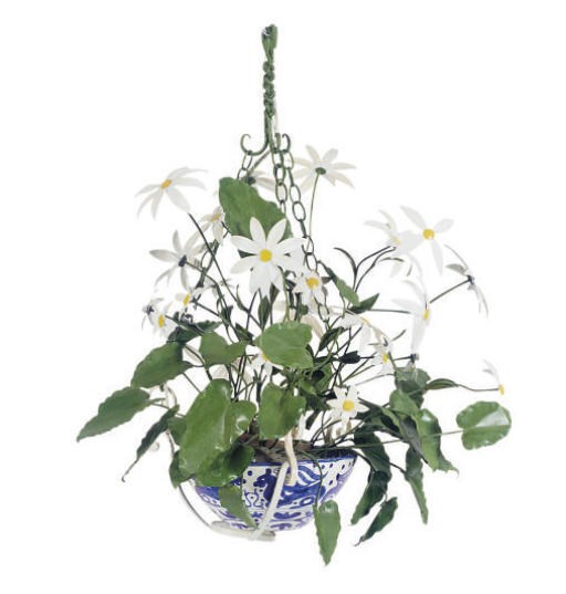 AN ENAMELED METAL FLORAL-FORMED HANGING LANTERN,