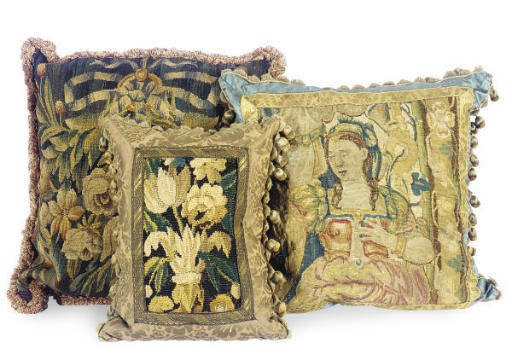 A GROUP OF FIVE FLEMISH TAPESTRY PILLOWS,