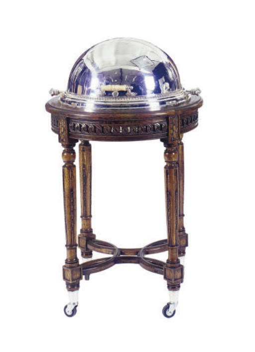 AN ENGLISH SILVER-PLATED WALNUT CARVING TROLLEY,