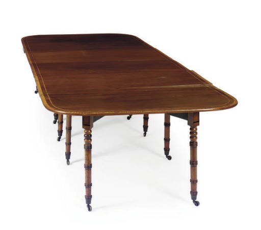 A REGENCY MAHOGANY AND SATINWOOD-BANDED 'CONCERTINA ACTION' EXTENDING DINING TABLE,