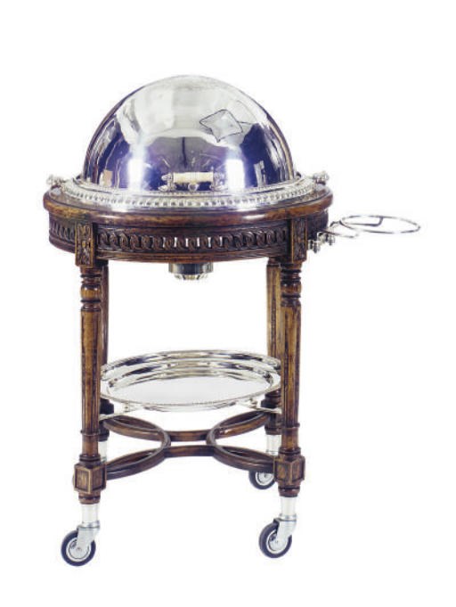 AN ENGLISH SILVER-PLATED WALNUT CARVING TROLLEY,