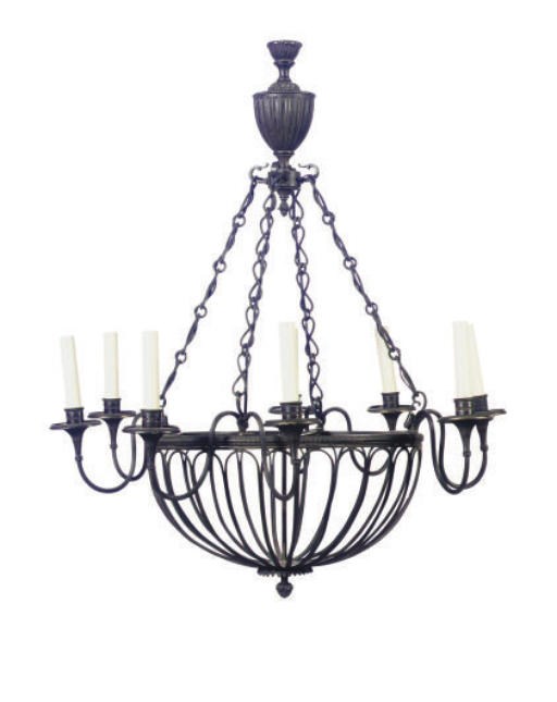 A PATINATED METAL EIGHT-LIGHT CHANDELIER,