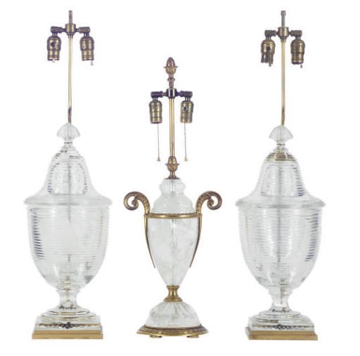 A PAIR OF CUT-GLASS COVERED URNS MOUNTED AS LAMPS,