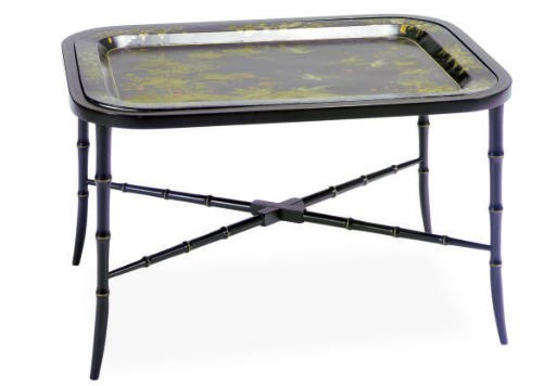 A BLACK, GILT, AND POLYCHROME DECORATED TRAY ON STAND,