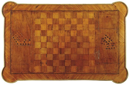 A LOUIS XV TULIPWOOD, KINGWOOD, WALNUT AND FRUITWOOD TRIC-TRAC TABLE,
