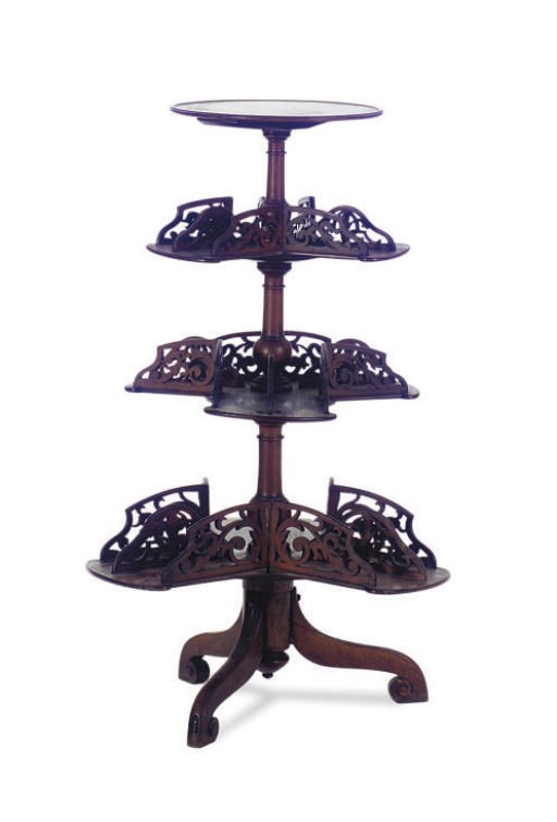 A VICTORIAN WALNUT TRIPOD BOOK ETAGERE,