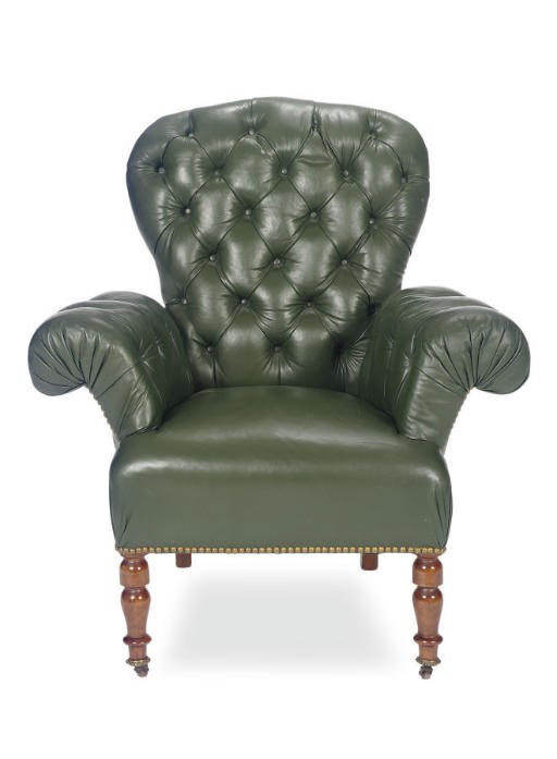 A VICTORIAN WALNUT AND LEATHER UPHOLSTERED ARMCHAIR,
