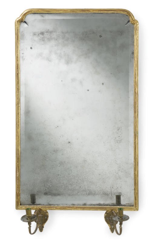 AN ENGLISH GILTWOOD MIRROR WITH A PAIR OF LATER CANDLEARMS,