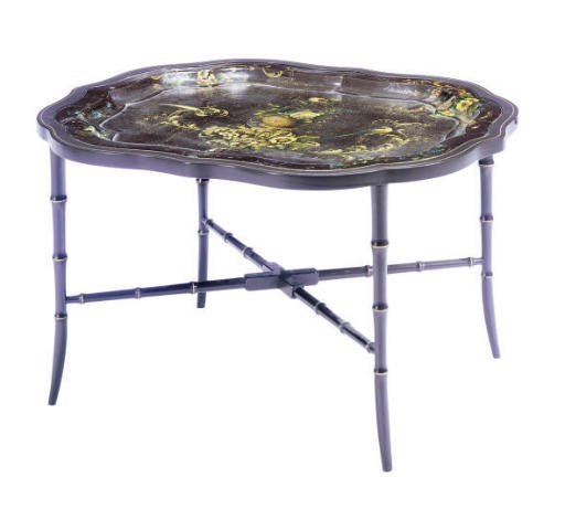 A SCARLET AND POLYCHROME-DECORATED PAPIER MACHE TRAY-ON-STAND,