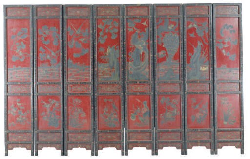 A CHINESE BLACK AND RED LACQUERED EIGHT-PANEL SCREEN,